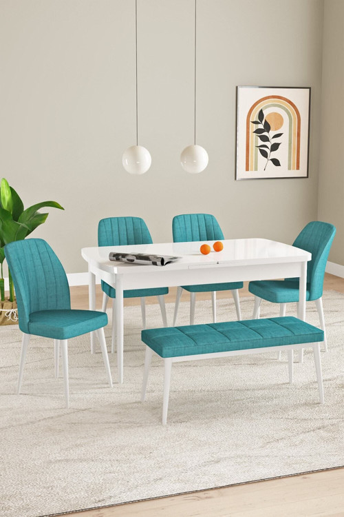Elis Beyaz Mermer Desen 80X132 Açılabilir Masa Takımı 4 Sandalye, 1 Bench