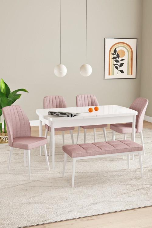 Elis Beyaz 80X132 Açılabilir Masa Takımı 4 Sandalye, 1 Bench
