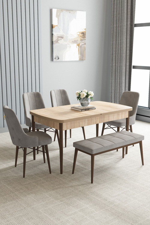 Arvela Meşe Desen 80X132 Mdf Açılabilir Mutfak Masası Takımı 4 Sandalye, 1 Bench