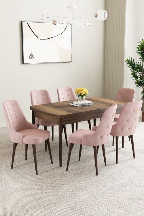 Mabel Barok Desen 80X132 Mdf Açılabilir Mutfak Masası Takımı 6 Adet Sandalye