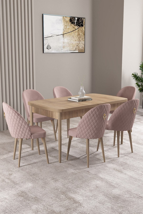 Milas Meşe Desen 80X132 Mdf Açılabilir Yemek Masası Takımı 6 Adet Sandalye