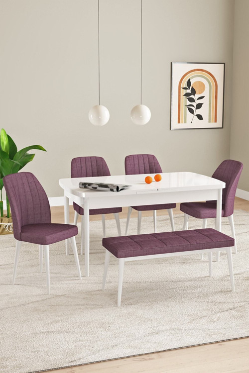 Elis Beyaz Mermer Desen 80X132 Açılabilir Masa Takımı 4 Sandalye, 1 Bench