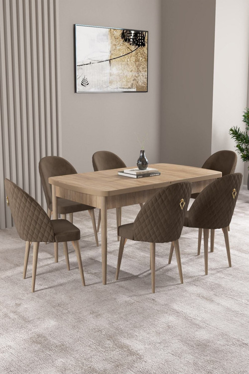 Milas Meşe Desen 80X132 Mdf Açılabilir Yemek Masası Takımı 6 Adet Sandalye