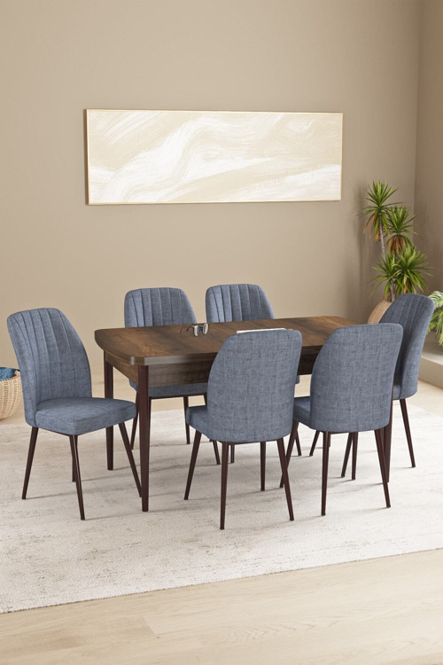 Daisy Mdf Barok Desen Açılabilir 80X132 Cm 6 Sandalyeli Mutfak Masası Takımı