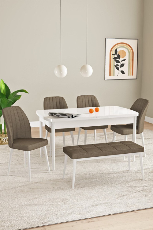 Elis Beyaz 80X132 Açılabilir Masa Takımı 4 Sandalye, 1 Bench