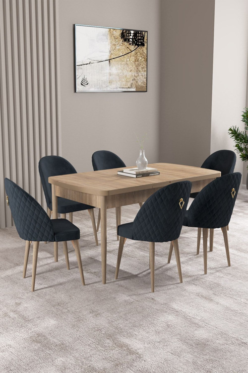 Milas Meşe Desen 80X132 Mdf Açılabilir Yemek Masası Takımı 6 Adet Sandalye