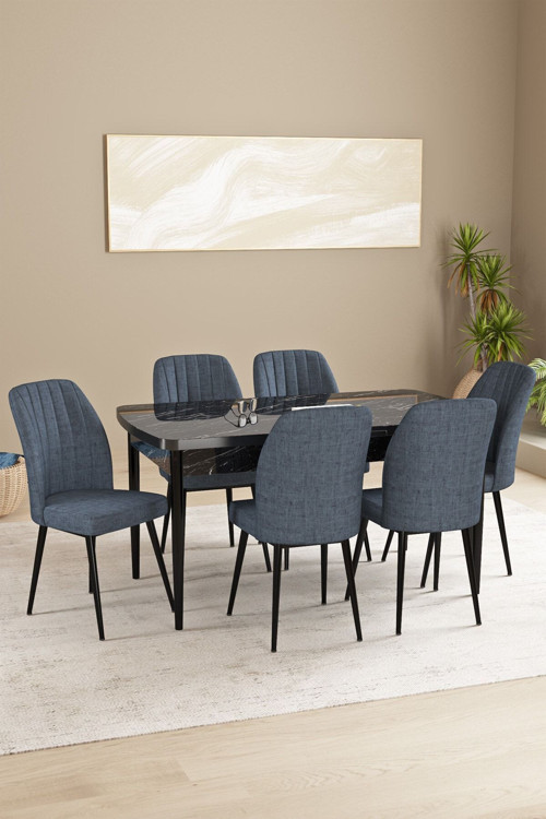Floryn Siyah Mermer Desen 80 X 132 Açılabilir Mdf Mutfak Masa Takımı 6 Sandalye