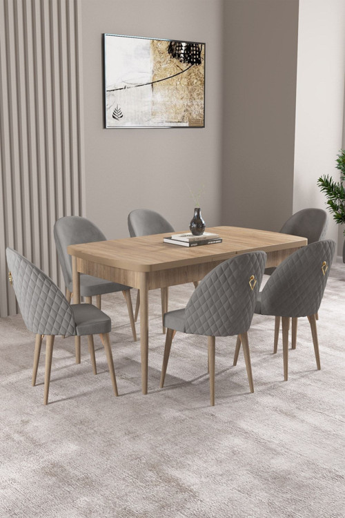 Milas Meşe Desen 80X132 Mdf Açılabilir Yemek Masası Takımı 6 Adet Sandalye