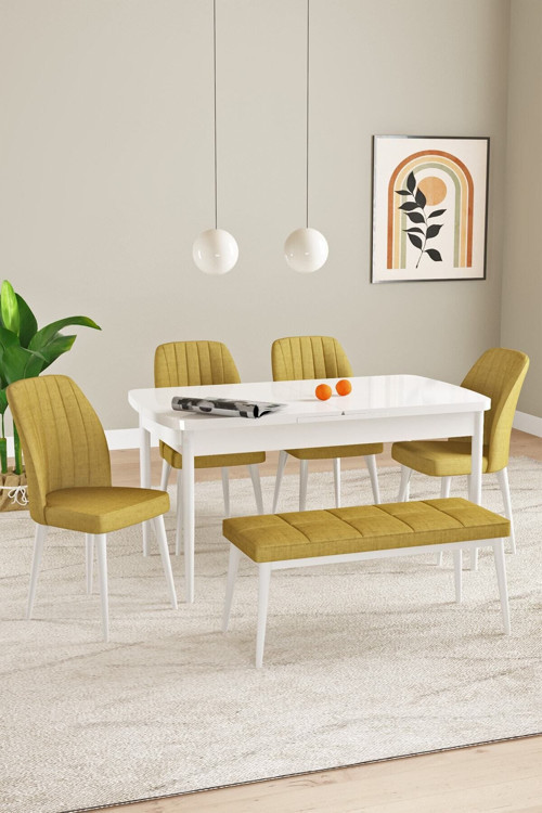 Elis Beyaz 80X132 Açılabilir Masa Takımı 4 Sandalye, 1 Bench
