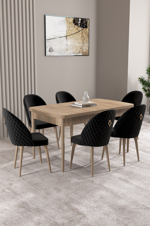 Milas Meşe Desen 80X132 Mdf Açılabilir Yemek Masası Takımı 6 Adet Sandalye