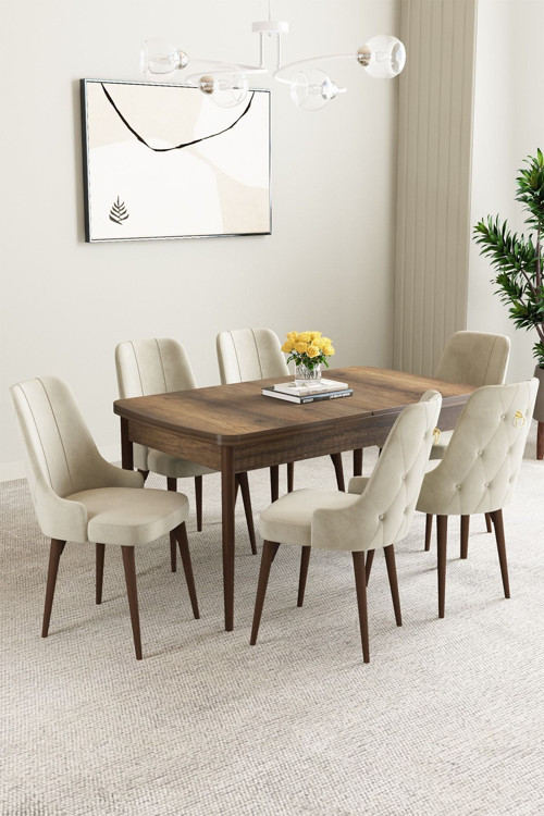 Mabel Barok Desen 80X132 Mdf Açılabilir Mutfak Masası Takımı 6 Adet Sandalye