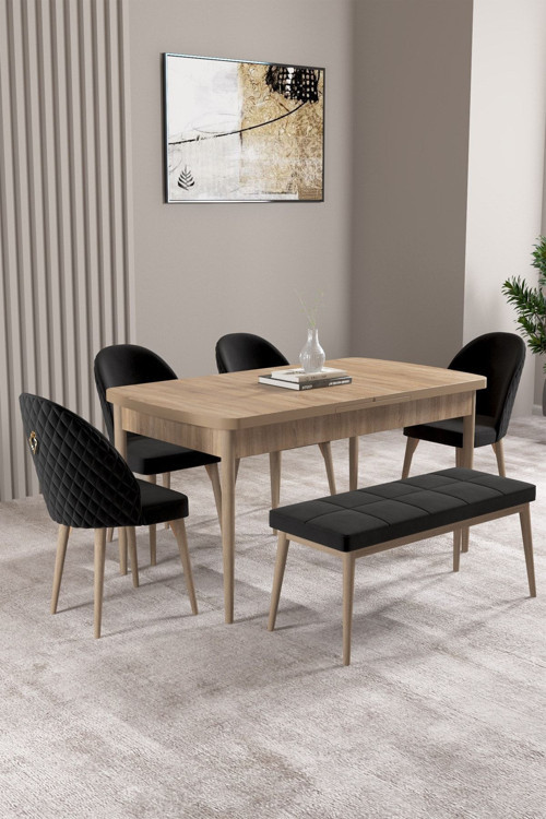 Milas Meşe Desen 80X132 Mdf Açılabilir Yemek Masası Takımı 4 Sandalye, 1 Bench