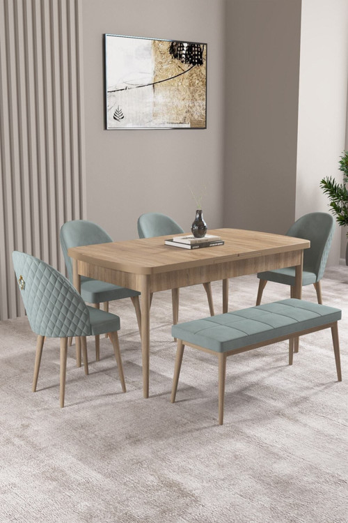 Milas Meşe Desen 80X132 Mdf Açılabilir Yemek Masası Takımı 4 Sandalye, 1 Bench