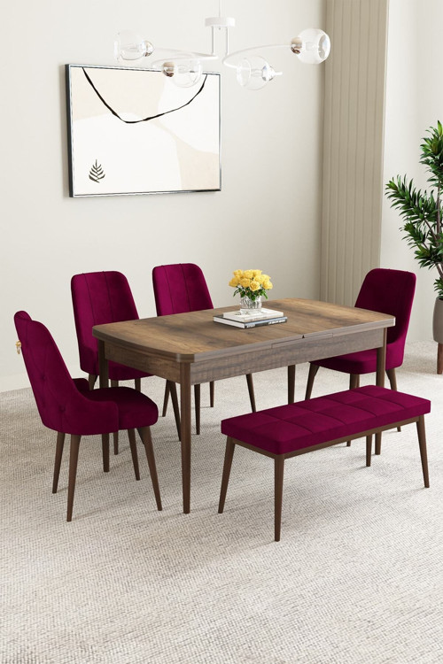 Mabel Barok Desen 80X132 Mdf Açılabilir Mutfak Masası Takımı 4 Sandalye 1 Bench