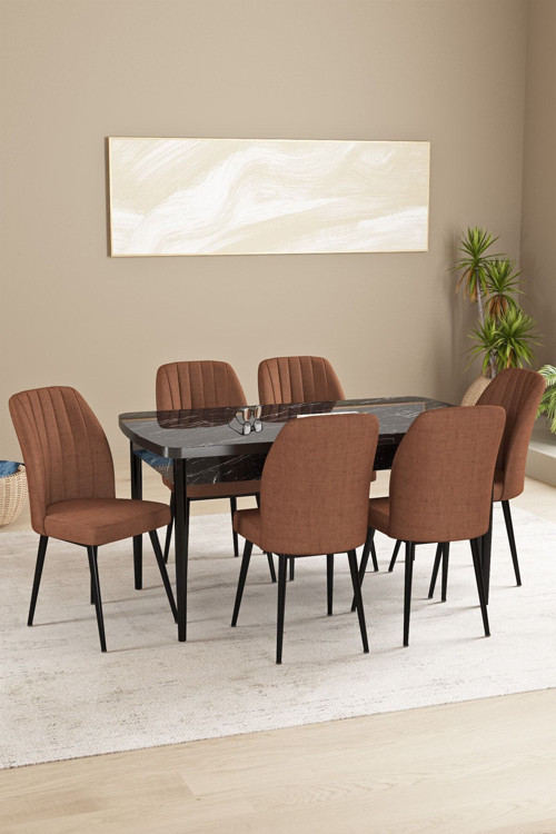 Floryn Siyah Mermer Desen 80 X 132 Açılabilir Mdf Mutfak Masa Takımı 6 Sandalye