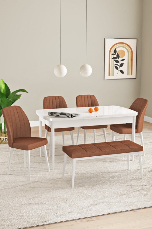 Elis Beyaz 80X132 Açılabilir Masa Takımı 4 Sandalye, 1 Bench