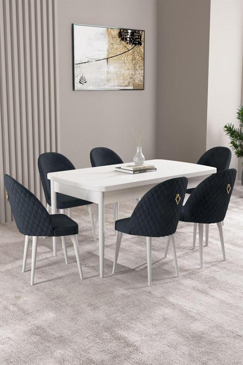 Milas Beyaz 80X132 Mdf Açılabilir Mutfak Masası Takımı 6 Adet Sandalye