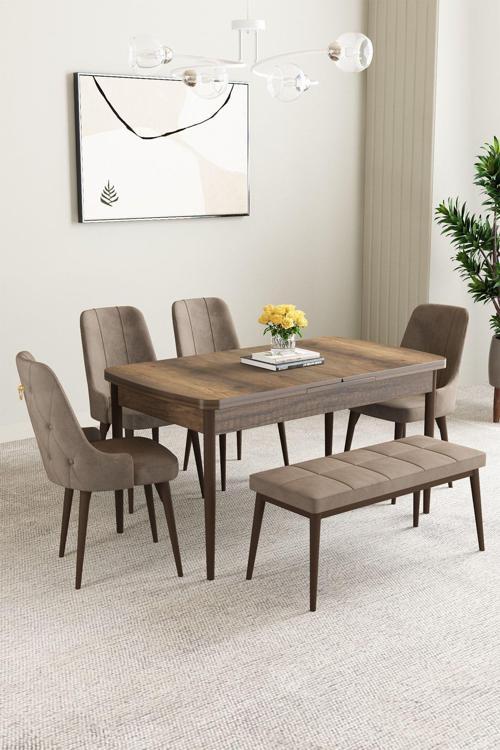 Mabel Barok Desen 80X132 Mdf Açılabilir Mutfak Masası Takımı 4 Sandalye 1 Bench