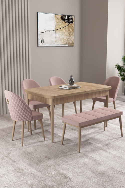 Milas Meşe Desen 80X132 Mdf Açılabilir Yemek Masası Takımı 4 Sandalye, 1 Bench