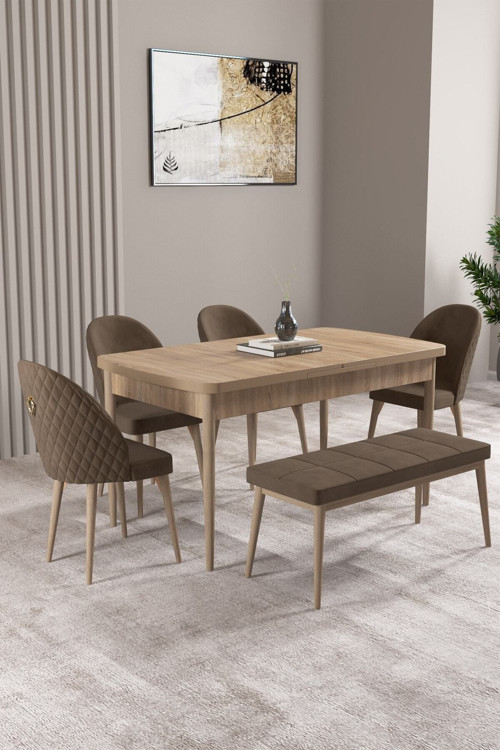 Milas Meşe Desen 80X132 Mdf Açılabilir Yemek Masası Takımı 4 Sandalye, 1 Bench