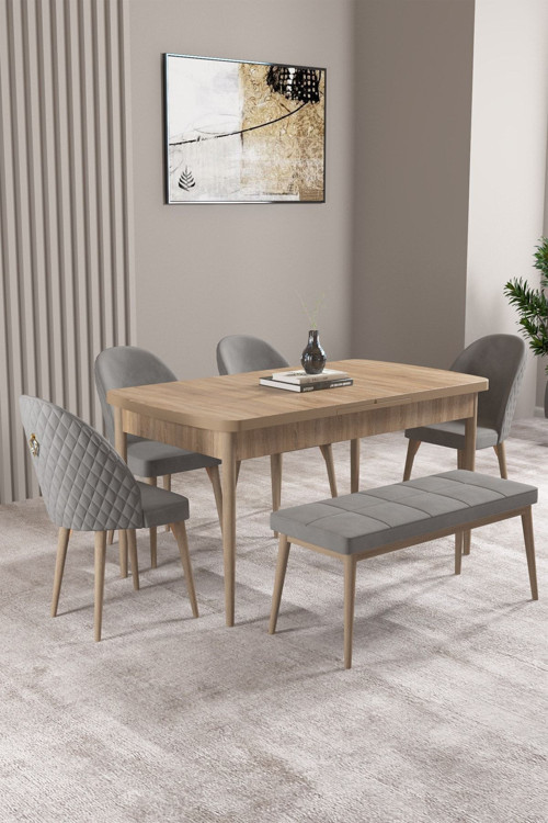 Milas Meşe Desen 80X132 Mdf Açılabilir Yemek Masası Takımı 4 Sandalye, 1 Bench