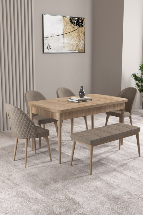 Milas Meşe Desen 80X132 Mdf Açılabilir Yemek Masası Takımı 4 Sandalye, 1 Bench