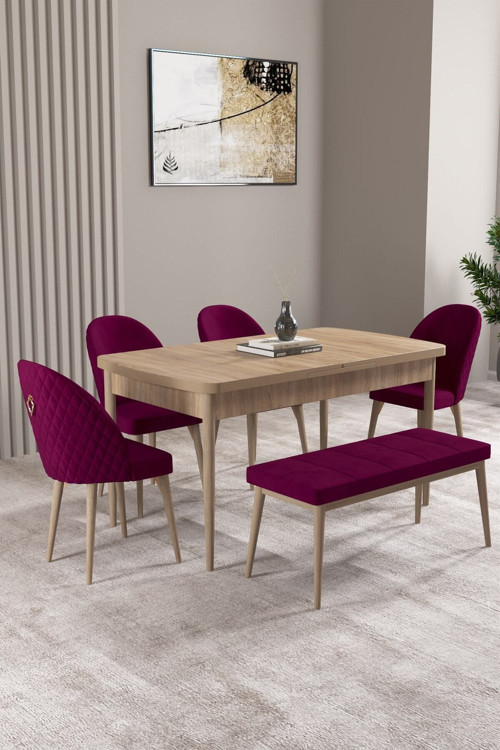 Milas Meşe Desen 80X132 Mdf Açılabilir Yemek Masası Takımı 4 Sandalye, 1 Bench
