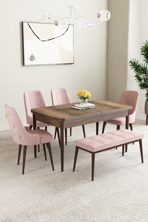 Mabel Barok Desen 80X132 Mdf Açılabilir Mutfak Masası Takımı 4 Sandalye 1 Bench