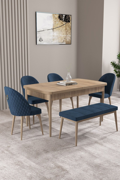 Milas Meşe Desen 80X132 Mdf Açılabilir Yemek Masası Takımı 4 Sandalye, 1 Bench