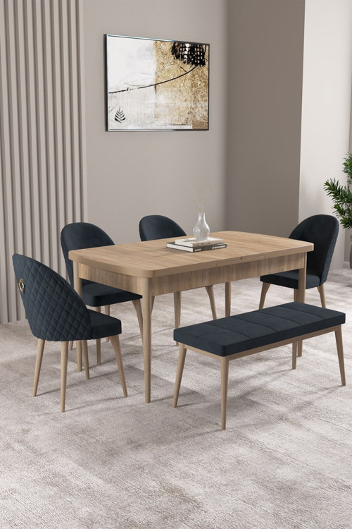 Milas Meşe Desen 80X132 Mdf Açılabilir Yemek Masası Takımı 4 Sandalye, 1 Bench