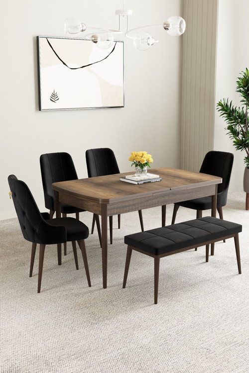 Mabel Barok Desen 80X132 Mdf Açılabilir Mutfak Masası Takımı 4 Sandalye 1 Bench