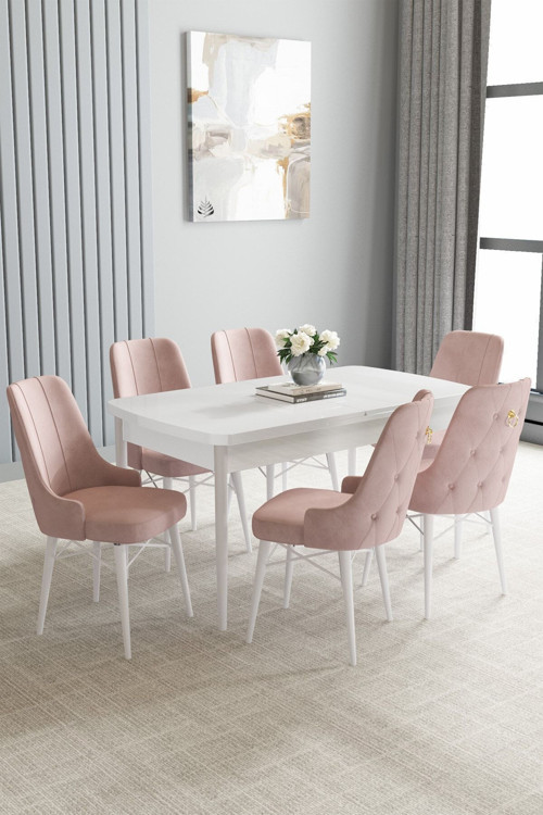 Jusie Beyaz 80X132 Açılabilir Yemek Odası Takımı 6 Adet Sandalye