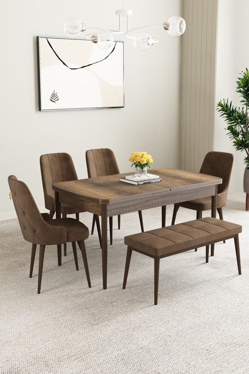 Mabel Barok Desen 80X132 Mdf Açılabilir Mutfak Masası Takımı 4 Sandalye 1 Bench