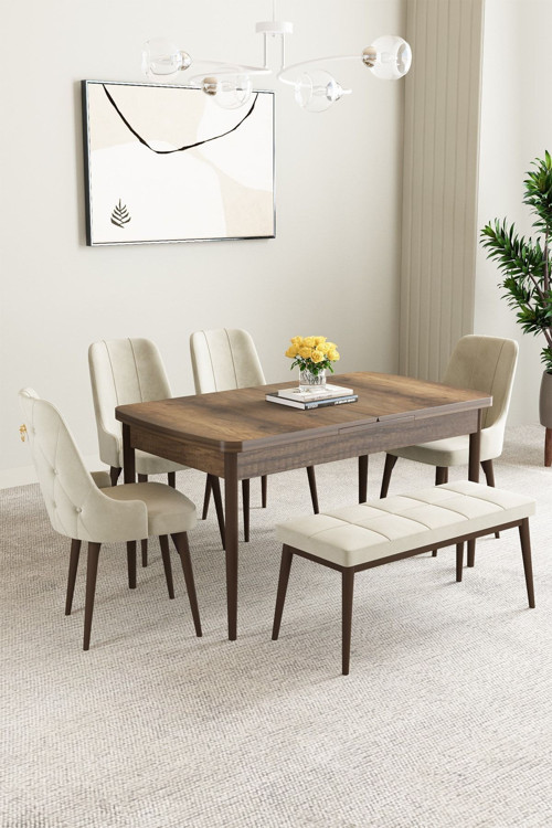Mabel Barok Desen 80X132 Mdf Açılabilir Mutfak Masası Takımı 4 Sandalye 1 Bench
