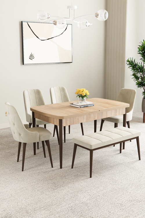 Mabel Meşe Desen 80X132 Mdf Açılabilir Mutfak Masası Takımı 4 Sandalye 1 Bench