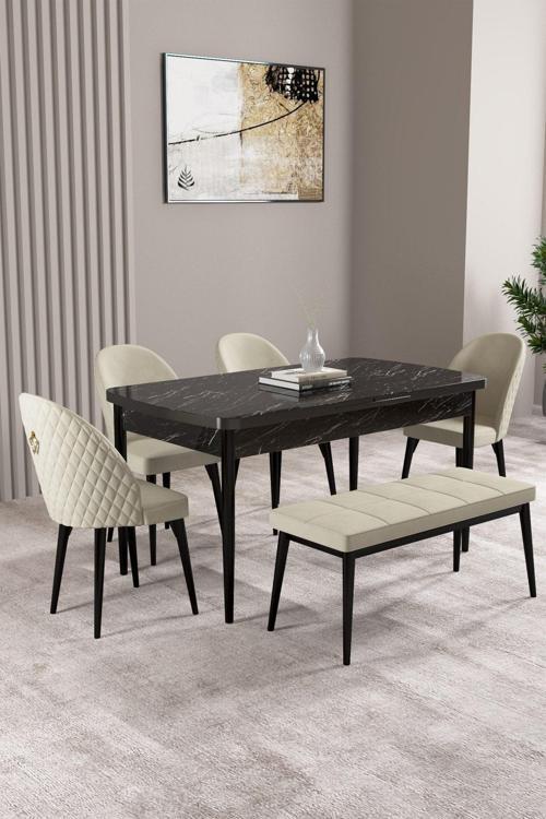 Milas Siyah Mermer Desen 80X132 Mdf Açılabilir Yemek Masası Takımı 4 Sandalye, 1 Bench