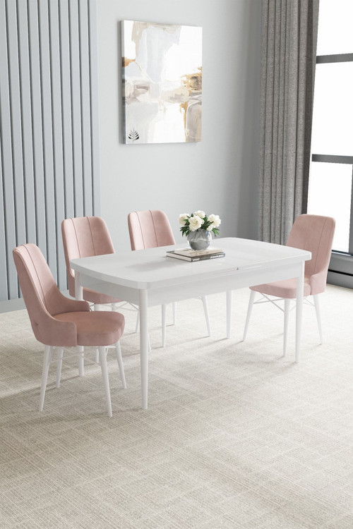 Jusie Beyaz 80X132 Açılabilir Yemek Odası Takımı 4 Adet Sandalye