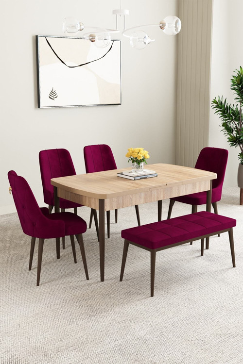 Mabel Meşe Desen 80X132 Mdf Açılabilir Mutfak Masası Takımı 4 Sandalye 1 Bench