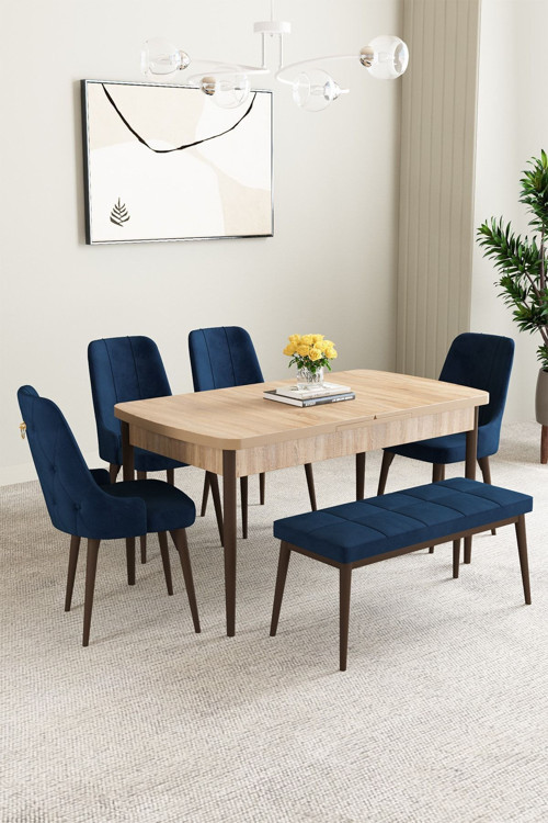Mabel Meşe Desen 80X132 Mdf Açılabilir Mutfak Masası Takımı 4 Sandalye 1 Bench