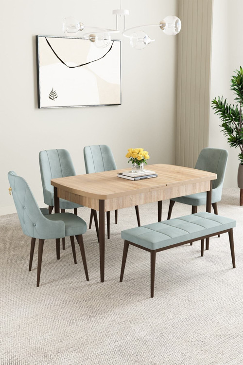 Mabel Meşe Desen 80X132 Mdf Açılabilir Mutfak Masası Takımı 4 Sandalye 1 Bench