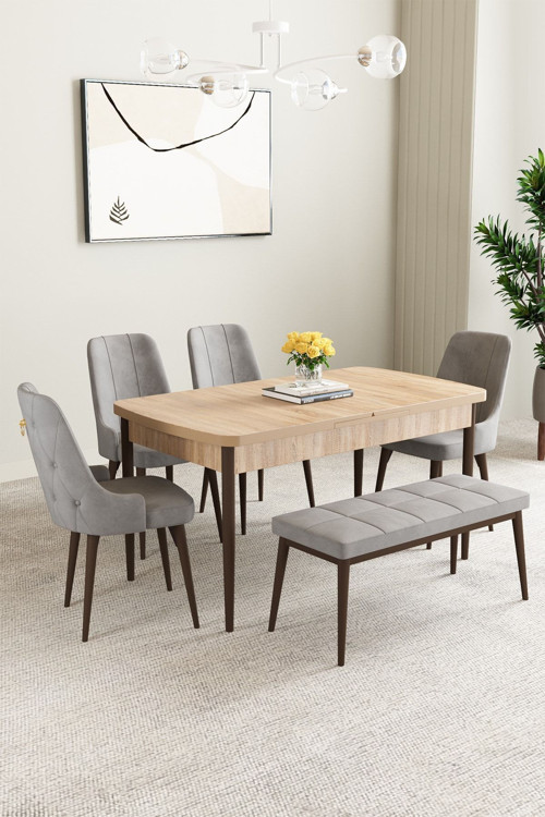 Mabel Meşe Desen 80X132 Mdf Açılabilir Mutfak Masası Takımı 4 Sandalye 1 Bench