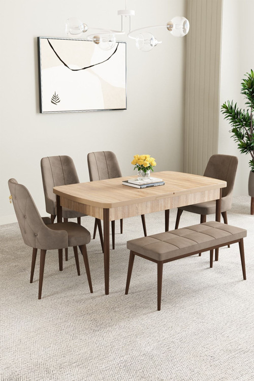 Mabel Meşe Desen 80X132 Mdf Açılabilir Mutfak Masası Takımı 4 Sandalye 1 Bench