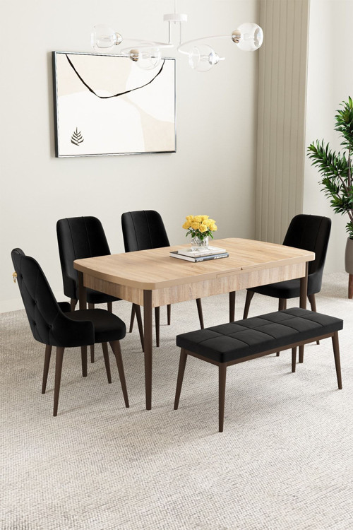 Mabel Meşe Desen 80X132 Mdf Açılabilir Mutfak Masası Takımı 4 Sandalye 1 Bench