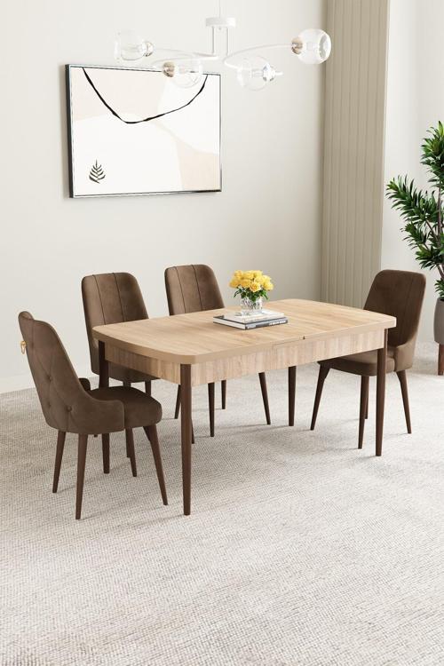 Mabel Meşe Desen 80X132 Mdf Açılabilir Mutfak Masası Takımı 4 Adet Sandalye