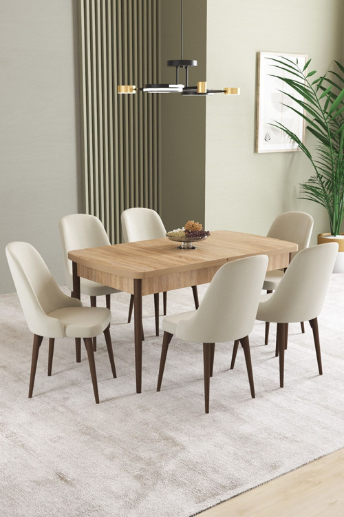 Ikon Meşe Desen 80X132 Mdf Açılabilir Mutfak Masası Takımı 6 Adet Sandalye