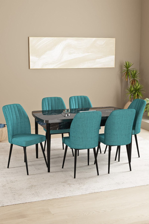 Floryn Mdf Siyah Mermer Desen Açılabilir 80X132 Cm 6 Sandalyeli Mutfak Masası Takımı