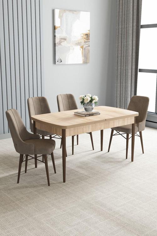 Jusie Meşe Desen 80X132 Açılabilir Mutfak Masası Takımı 4 Adet Sandalye