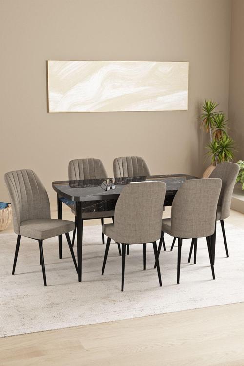 Floryn Mdf Siyah Mermer Desen Açılabilir 80X132 Cm 6 Sandalyeli Mutfak Masası Takımı