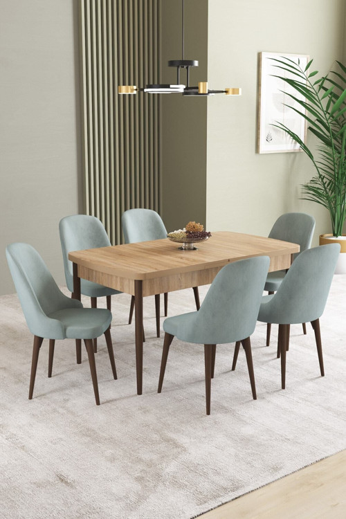 Ikon Meşe Desen 80X132 Mdf Açılabilir Mutfak Masası Takımı 6 Adet Sandalye