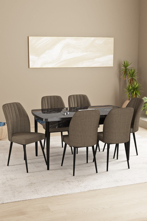 Floryn Mdf Siyah Mermer Desen Açılabilir 80X132 Cm 6 Sandalyeli Mutfak Masası Takımı